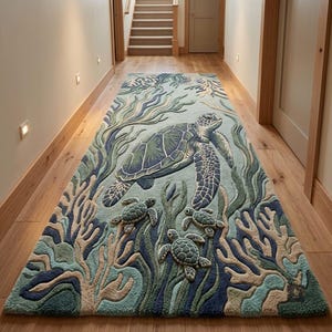 Sea Turtle Runner Rug, Hand-Carved Coastal Hallway Carpet, Marine Life Nursery Mat