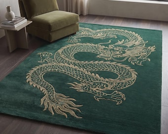 Hand Tufted Wool Dragon Rug – Imperial Japanese Serpentine Design, Luxury Carpet
