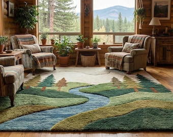 Hand Tufted Forest River Rug | Mountain Valley Wool Area Rug | Landscape Handcrafted Wool Floor Rug for Living room, bedroom and kids play