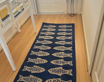 Modern Navy Blue Runner Rug With White Fish Pattern Coastal Kitchen Floor Decor Style