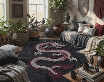 Hand Tufted Wool Black Dragon Rugs – Imperial Japanese Serpentine Design, Luxury Carpet