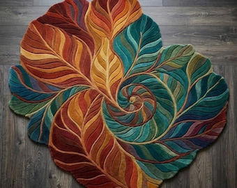 Handmade Spiral Leaf Tufted Rug, Abstract Botanical Area Carpet, Living Room Decor