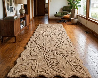 Handmade Beige Floral Runner Rug: Textured Botanical Hallway Carpet