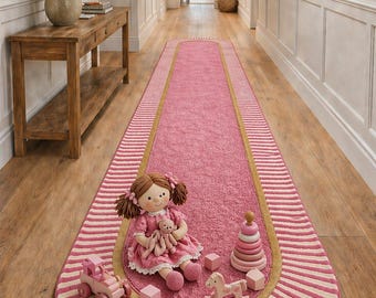 Alfombra moderna rosa para pasillo – Borde a rayas rosas y blancas, antideslizante.