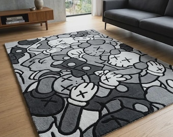 KAWS Inspired Hand Tufted Wool Rug: Abstract Grey Black Cream Area Rug