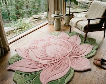 Handmade Pink Lotus Flower Rug – Floral Shaped Botanical Carpet, Soft Plush Floor Mat