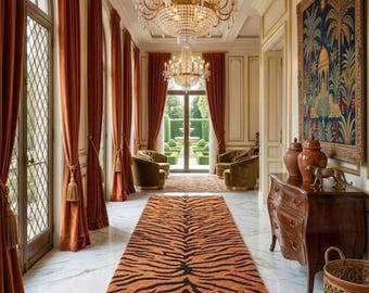 Hand Tufted Tiger Print Runner Rug, Burnt Orange Black Animal Hallway Carpet