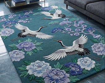 Hand-Tufted Wool Rug – Crane Peony Oriental Teal Blue Area Carpet