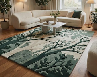 Hand-Tufted Wool Tree Area Rug: Abstract Botanical Emerald Ivory Plush Living Room