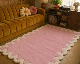 Hand-Tufted Wool Scalloped Rug, Soft Pink Pastel Carpet, Modern Wavy Border Home Decor