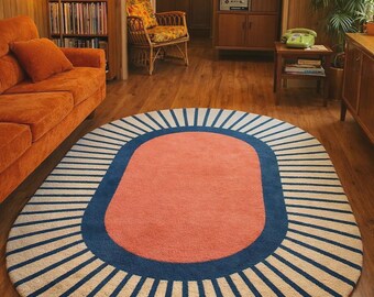 Hand-Tufted Wool Oval Rug, Retro Sunburst Geometric Carpet, Pink Blue Statement Home Decor