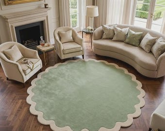 Soft Sage Green Scalloped Area Rug for Minimalist Living Room Bedroom Nursery Home Decor.
