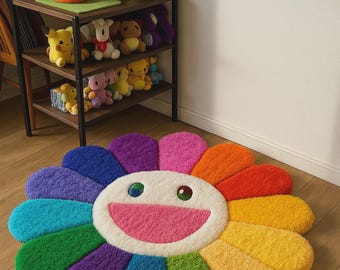 Rainbow Flower Area Rug, Modern Living Room Decor, Plush Bedroom art rug housewarming gifts