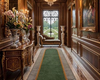 Green Hallway Runner Rug | Modern Black and White Striped Line