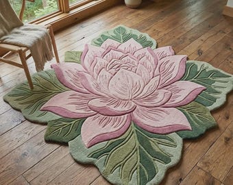 Handmade Pink Lotus Flower Rug – Floral Shaped Botanical Carpet, Soft Plush Floor Mat