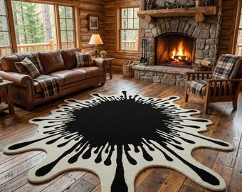 Abstract Splash Rug, Black White Irregular Shape Carpet, Cozy Cabin Living Room Décor