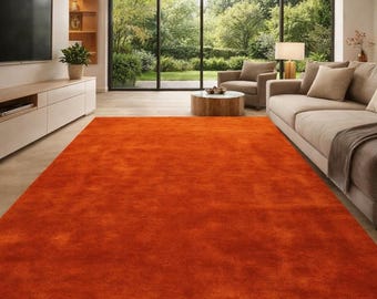 Solid Orange Wool Rug: Mid-Century Modern Hand-Tufted Living Room Carpet