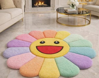 Rainbow Flower Area Rug, Modern Living Room Decor, Plush Bedroom art rug housewarming gifts
