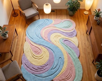 Pastel Abstract Tufted Rug, Irregular Shape Wavy Design Carpet, Soft Plush Living Room Decor