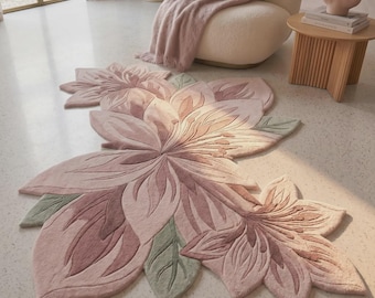 Tappeto floreale in lana trapuntato a mano / Tappeto botanico con gigli rosa / Decorazione d'arredo in stile cottagecore