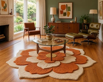 Mid Century Modern Flower Rug – Large Orange Cream 1970s Retro Wool Shag Area Carpet