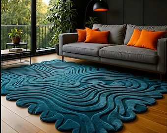 Tappeto astratto color verde acqua: tappeto moderno e soffice dalla forma irregolare – Decorazione artistica per il soggiorno