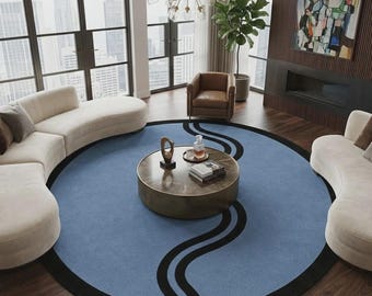 Blue Round Handmade Rug, Modern Abstract Wave Design, Hand Knotted Wool Area Rug Decor