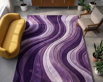 Moderner lila abstrakter Bereichsteppich, 3D-Wellendesignteppich, weiches Luxuswohnzimmer