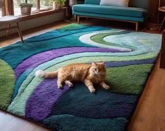 Abstract Wave Shaggy Rug, Plush Tufted Carpet, Green Purple Living Room Decor