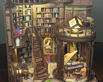 Mini rincón de lectura ensamblado con luz LED, estante de madera cortado con láser, decoración acogedora.