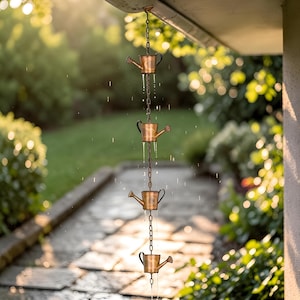 May include: A decorative rain chain featuring four small, copper-colored watering cans suspended from a gutter. The watering cans are linked by a chain, with water flowing from the spouts. The background is a blurred view of a garden.