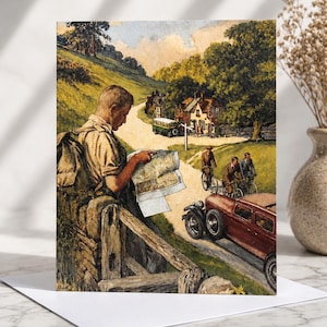 May include: A rectangular greeting card featuring a vintage-style illustration of a person with a backpack standing by a stone wall, looking at a map. Below, a red car drives on a road near three cyclists, a green bus, and rural houses.