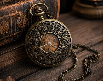 Mechanische Skelett Taschenuhr, Vintage Steampunk Bronze, Gothic Victorian Accessoire