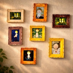 Set of 7 Whimsical Naive Art Mini Paintings, Handmade Clay Frames, Signed CT