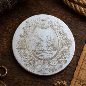 Vintage Falstaff onderzetter uit de jaren 70, verzilverd, met nautisch thema – scheepsgravure, blauwe fluwelen onderkant.