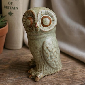 Può includere: Statuetta di gufo in ceramica nei toni del verde e del marrone. Il gufo ha grandi occhi rotondi con centri marroni e una superficie strutturata. La statuetta è posizionata su una superficie di legno.
