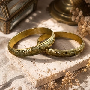 Vintage Brass Cuff Bracelet Set of 2, Engraved Floral Boho Bangles