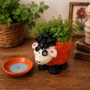 Vintage Ceramic Ram Planter, Handmade Sheep Pot, Folk Art Pottery, Cottage Decor