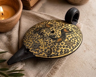 Vintage Hand-Painted Terracotta Oil Lamp – Corinthian Period Replica – Greek Pottery Style Decor
