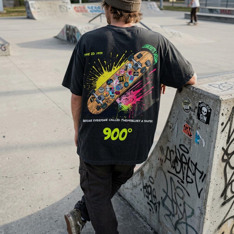 Vintage 900 Degrees Skateboard Shirt, front chest print detail, Comfort Colors 1717 Premium Cotton in black. Heavyweight retro skate graphic tee with Four Wheels Move The Soul front print. Double sided print skateboarder gift. Old school skate culture shirt for men. Perfect vintage skate shirt for 90s skate fans and street culture lovers.