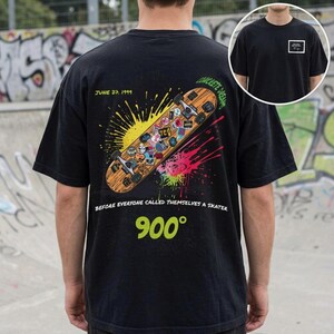 Vintage 900 Degrees Skateboard Shirt, back print detail, worn at a skatepark. Retro skate graphic tee on Comfort Colors 1717 in black. Double sided print with neon yellow 900 degree design. Perfect gift for skaters and 90s skate culture fans. Heavyweight vintage skate shirt.Front and back print tee, skateboarder gift, old school skate aesthetic.