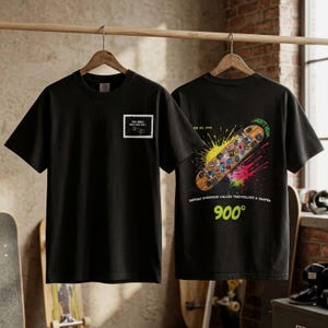Vintage 900 Degrees Skateboard Shirt in black, women fit front view showing chest print detail. Retro skate graphic tee on Comfort Colors 1717 Premium Cotton with relaxed boxy unisex fit. Four Wheels Move The Soul front chest print. Double sided print skateboard shirt for women who love 90s skate culture and old school streetwear aesthetic. Perfect skateboarder gift for her