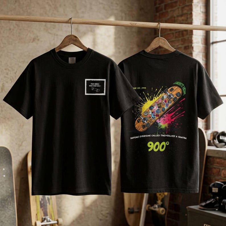Vintage 900 Degrees Skateboard Shirt in black, women fit front view showing chest print detail. Retro skate graphic tee on Comfort Colors 1717 Premium Cotton with relaxed boxy unisex fit. Four Wheels Move The Soul front chest print. Double sided print skateboard shirt for women who love 90s skate culture and old school streetwear aesthetic. Perfect skateboarder gift for her