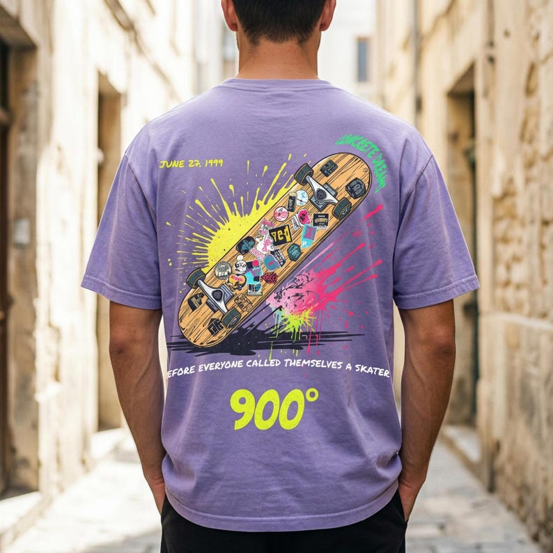 Vintage 900 Degrees Skateboard Shirt in purple, back print detail showing full graphic design. Relaxed boxy fit unisex comfort on Comfort Colors 1717. Retro skate culture tee with neon yellow 900 degree print and June 23 1999 date. Before Everyone Called Themselves A Skater. Double sided print skateboard gift for men and women who love old school skate culture.