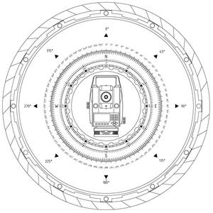 May include: A detailed black and white illustration of a surveying instrument, centered within concentric circles marked with degree measurements. The design includes a compass rose with cardinal directions and a digital display.