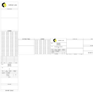 May include: A detailed technical drawing on white paper, featuring a company logo in black and yellow. The drawing includes multiple tables labeled "STATION TABLE" and "LEGEND", along with various data fields and the text "DO NOT SCALE".