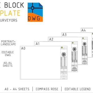 Op de afbeelding: Een witte titelblok sjabloon voor landmeters, met papierformaten van A0 tot A4. Het ontwerp bevat de tekst "TITLE BLOCK TEMPLATE" en "FOR SURVEYORS", een DWG-logo en pictogrammen voor portret/landschap en bewerkbare DWG-formaten.
