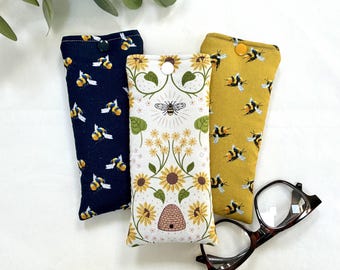 Bees Glasses Case, Padded, Bees Fabric with Popper, Handmade