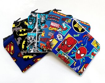 Coin Purse, Money Medication Pouch, Earphone Pouch, Handmade, Superheroes, Spiderman, Marvel Avengers, Lined, Gift for Her/Him