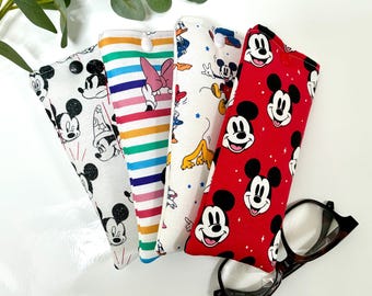 Glasses Case, Padded, Disney Mickey Mouse and Minnie Mouse Fabric with Popper, Handmade